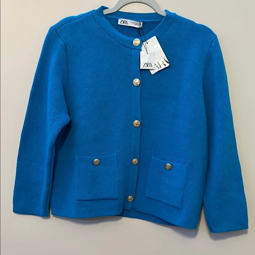 Zara Blue Button-Front Knit Jacket - Picture 4 of 4